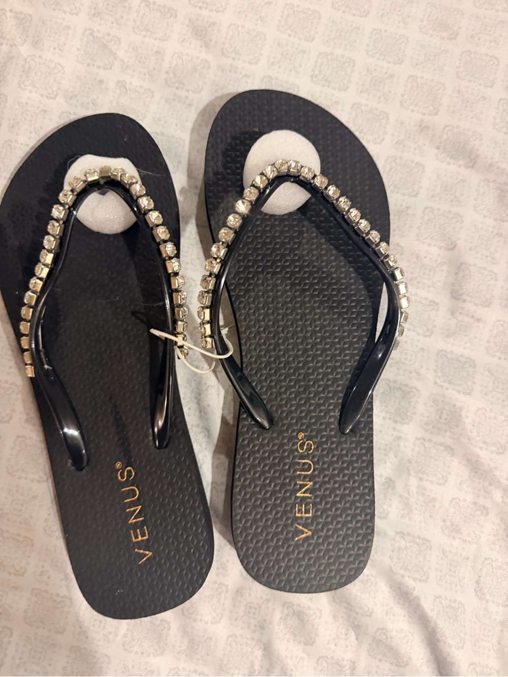 VENUS Black Jeweled Flip Flop Sandals with Crystal Accents